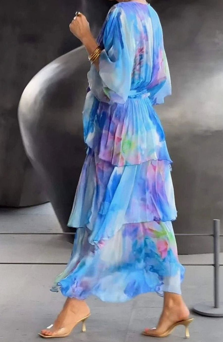 Women's Tiered Chiffon V-Neck Long-Sleeve Maxi Dress