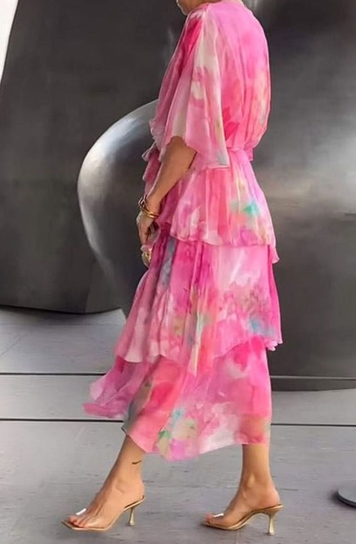 Women's Tiered Chiffon V-Neck Long-Sleeve Maxi Dress
