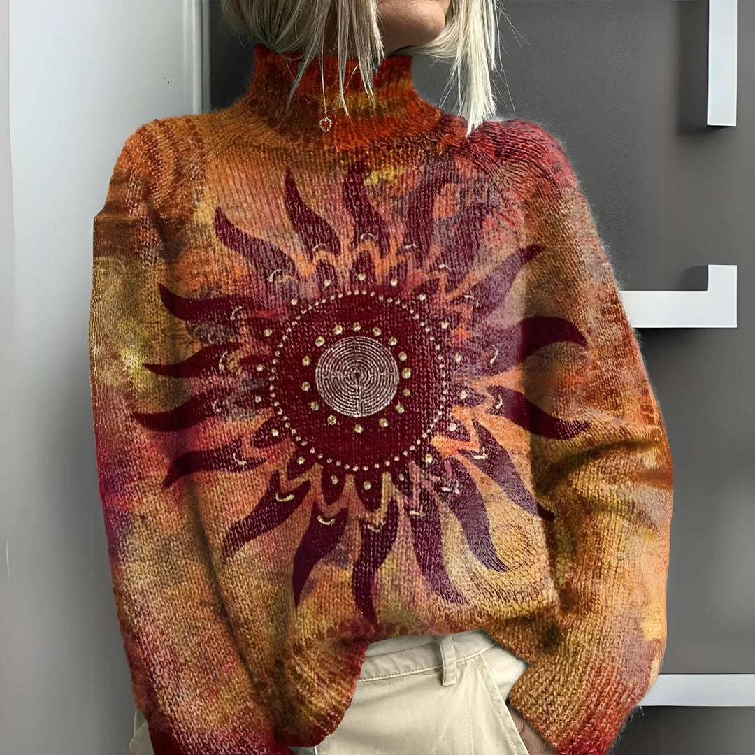 Women's Tribal Sun Knitted Turtleneck Jumper Oversized Vintage