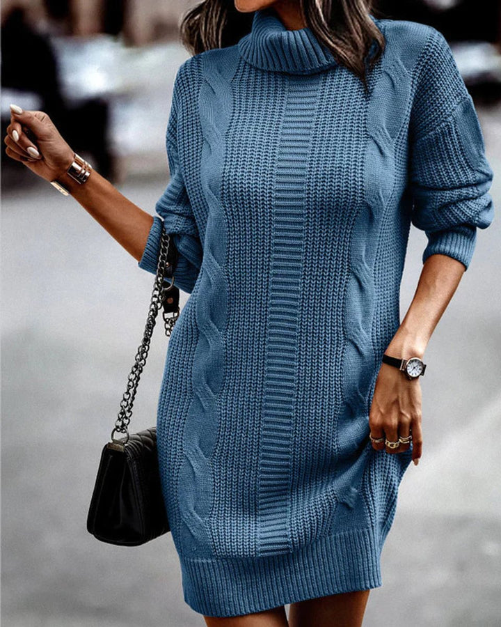 Women's Turtleneck Cable Knitted Dress Long Sleeve Jumper Mini