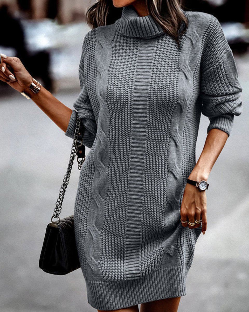 Women's Turtleneck Cable Knitted Dress Long Sleeve Jumper Mini