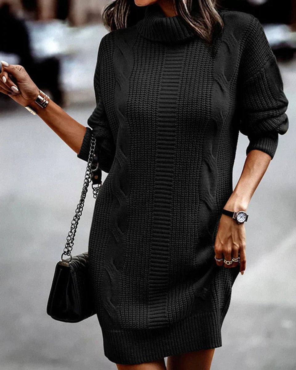 Women's Turtleneck Cable Knitted Dress Long Sleeve Jumper Mini