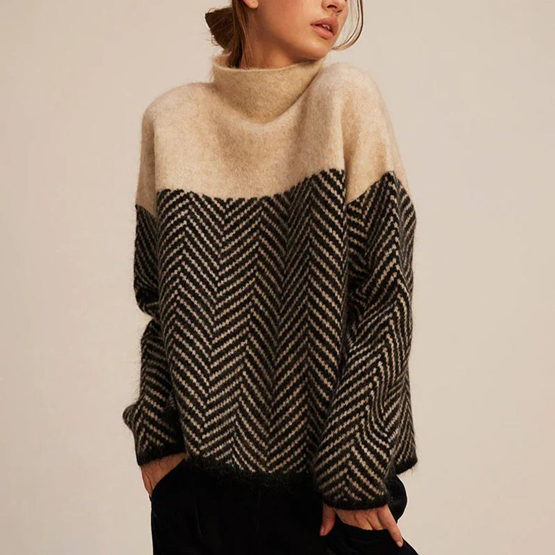 Women's Turtleneck Herringbone Knitted Sweater Relaxed Fit Pullover