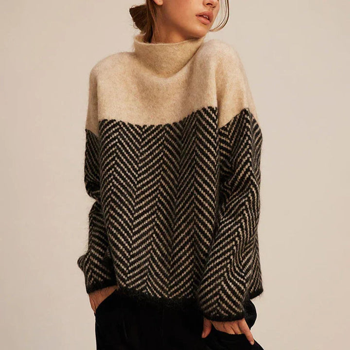 Women's Turtleneck Herringbone Knitted Sweater Relaxed Fit Pullover