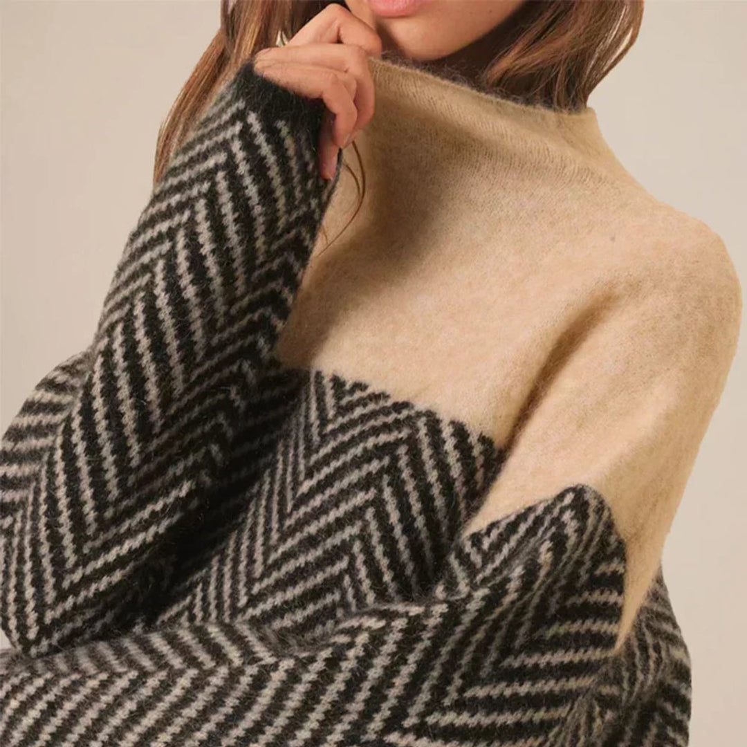 Women's Turtleneck Herringbone Knitted Sweater Relaxed Fit Pullover