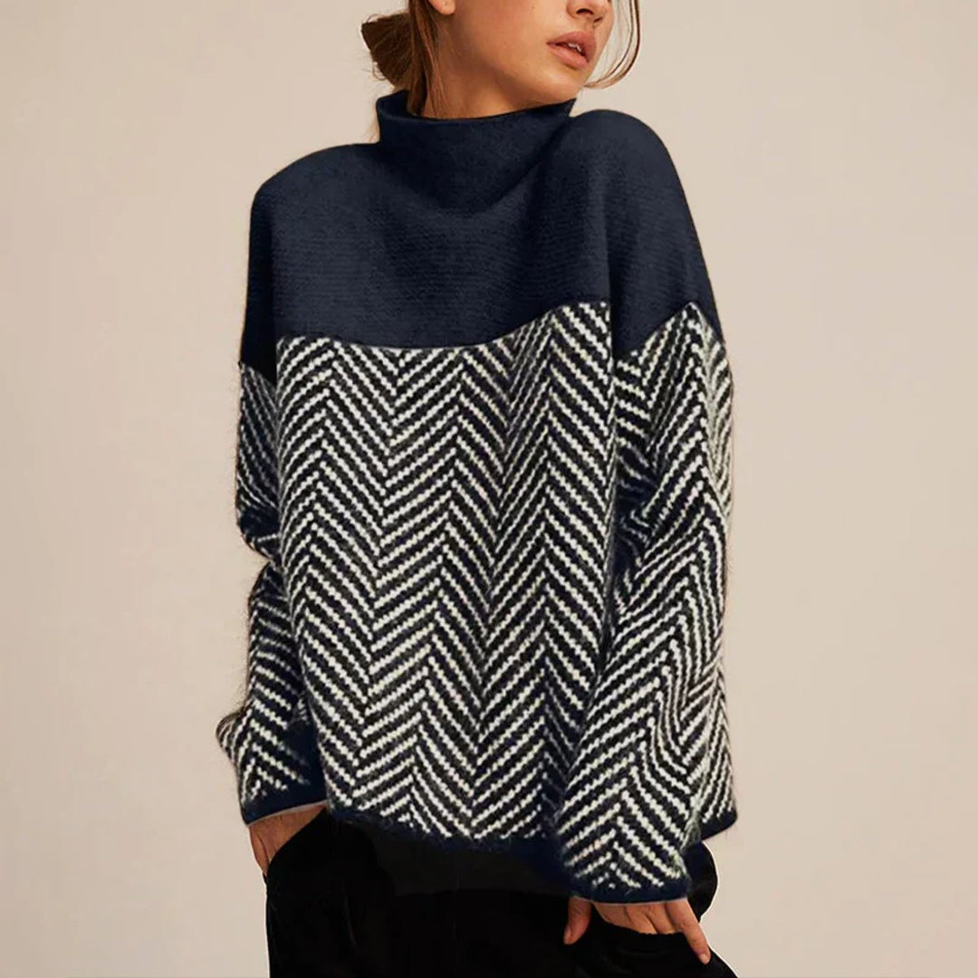 Women's Turtleneck Herringbone Knitted Sweater Relaxed Fit Pullover