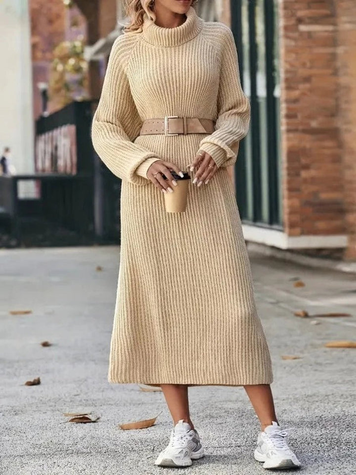 Women's Turtleneck Midi Belted Ribbed Knitted Dress