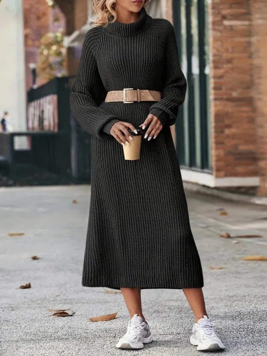 Women's Turtleneck Midi Belted Ribbed Knitted Dress
