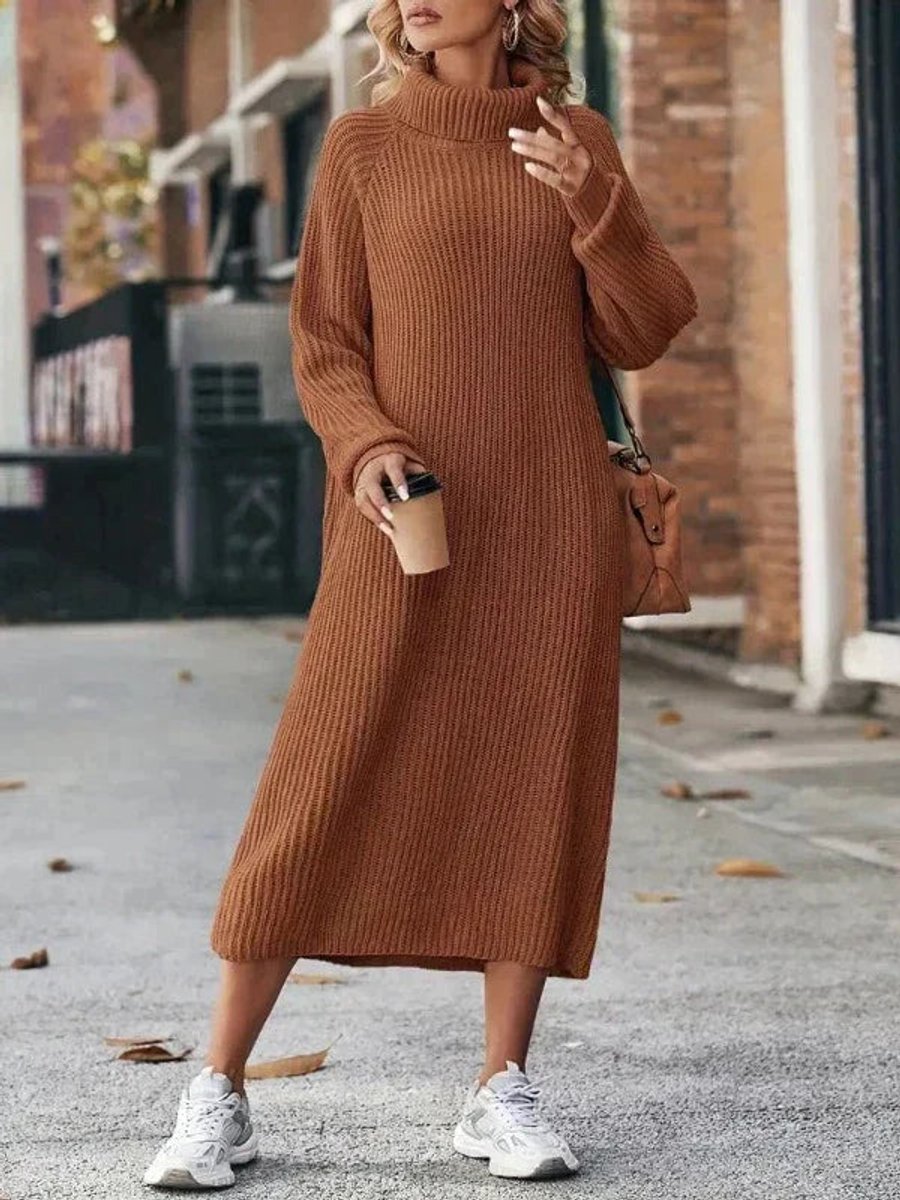 Women's Turtleneck Midi Belted Ribbed Knitted Dress