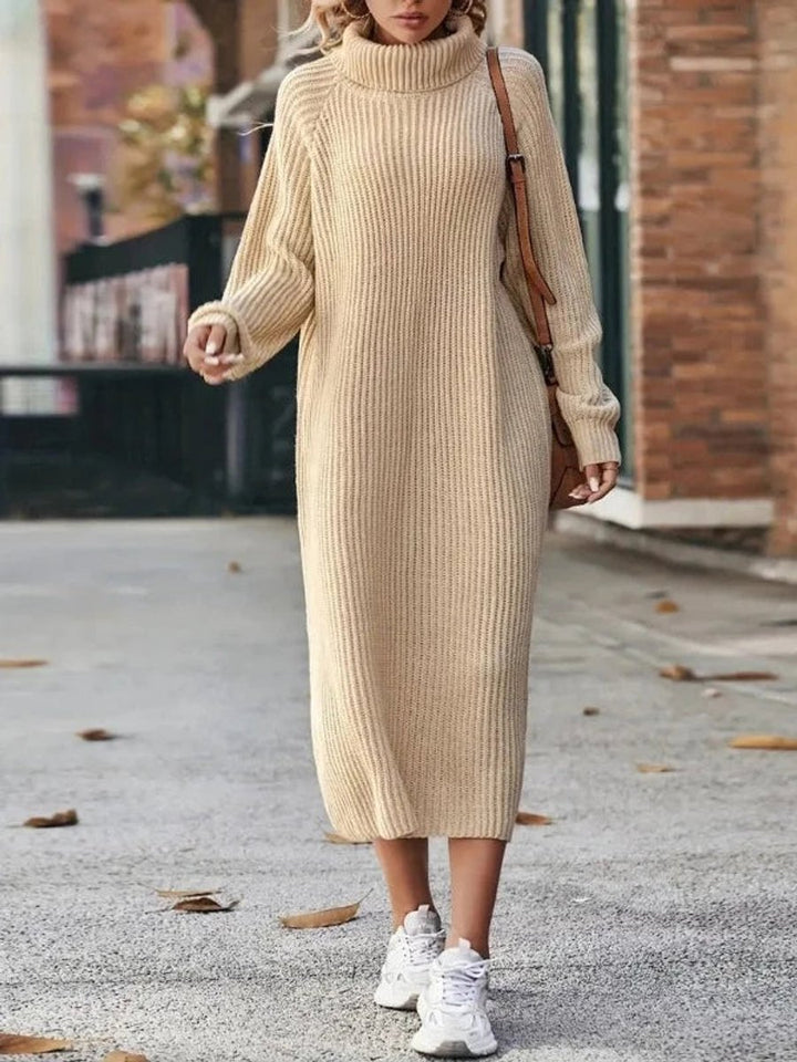 Women's Turtleneck Midi Belted Ribbed Knitted Dress