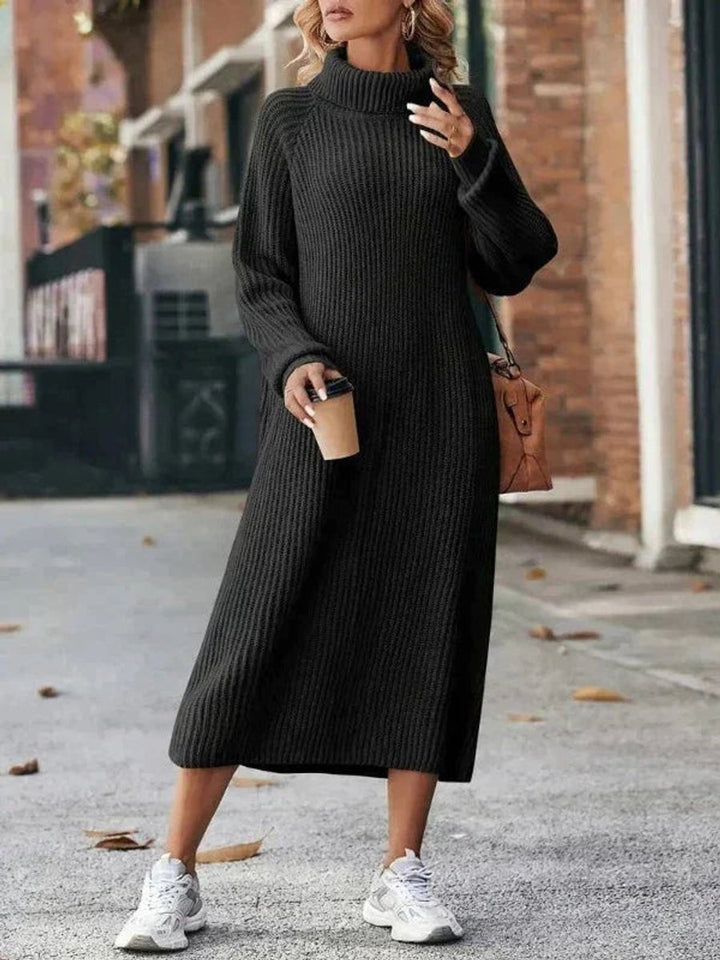 Women's Turtleneck Midi Belted Ribbed Knitted Dress