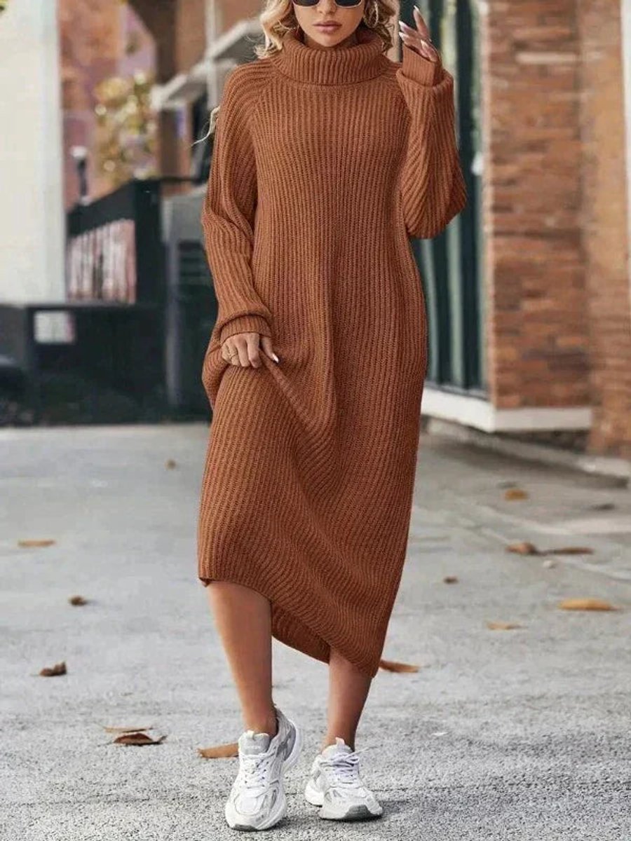 Women's Turtleneck Midi Belted Ribbed Knitted Dress