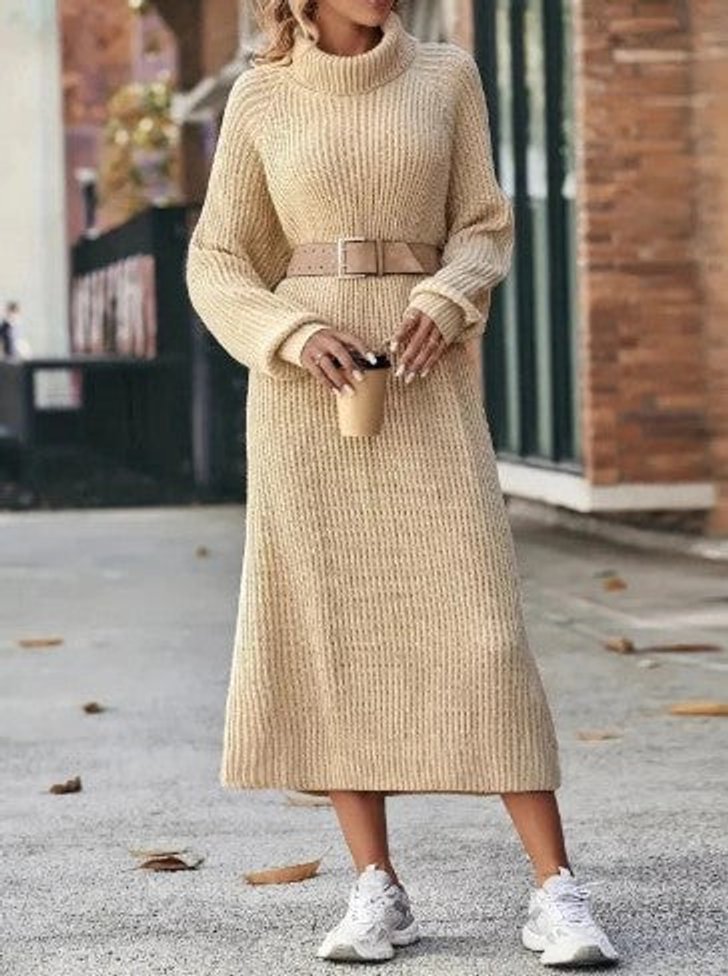Women's Turtleneck Midi Knitted Dress Loose Ribbed Long Sleeve