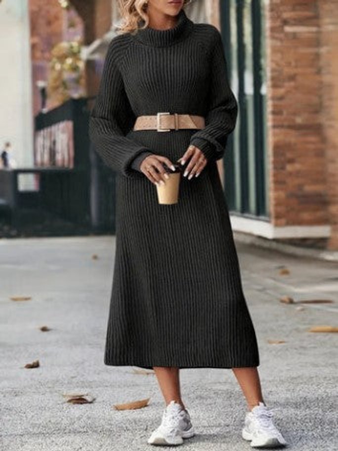 Women's Turtleneck Midi Knitted Dress Loose Ribbed Long Sleeve
