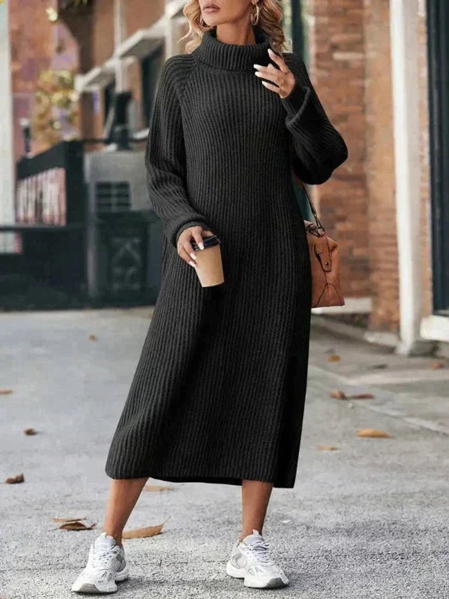 Women's Turtleneck Midi Knitted Dress Loose Ribbed Long Sleeve