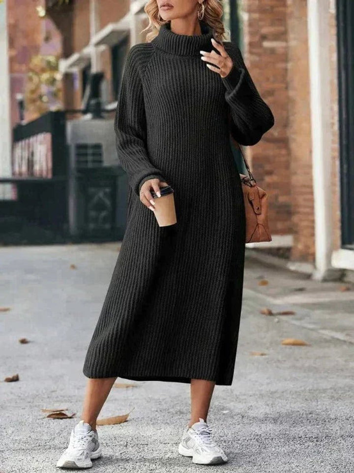 Women's Turtleneck Midi Knitted Dress Loose Ribbed Long Sleeve