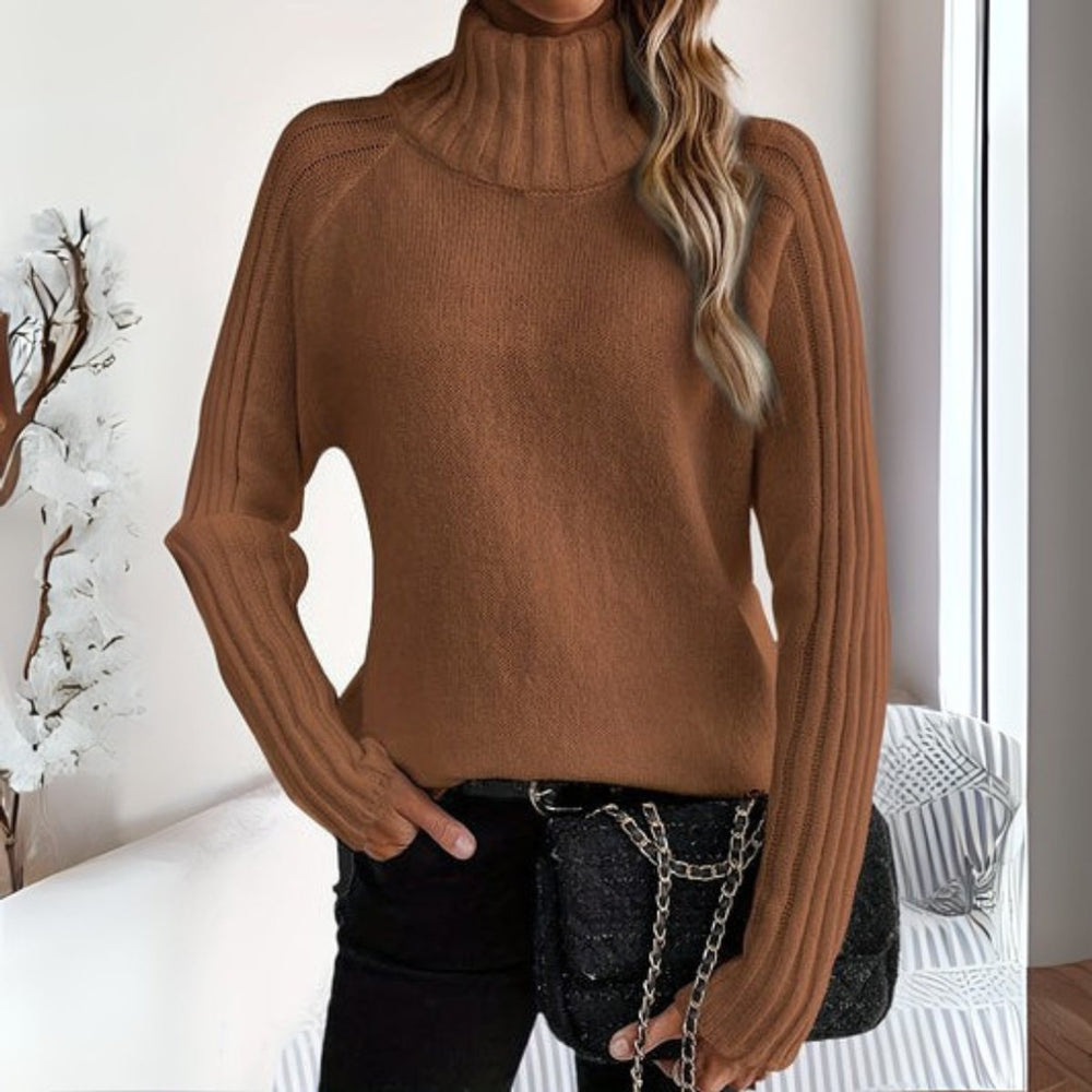 Women's Turtleneck Ribbed Knitted Sweater Relaxed Raglan Jumper