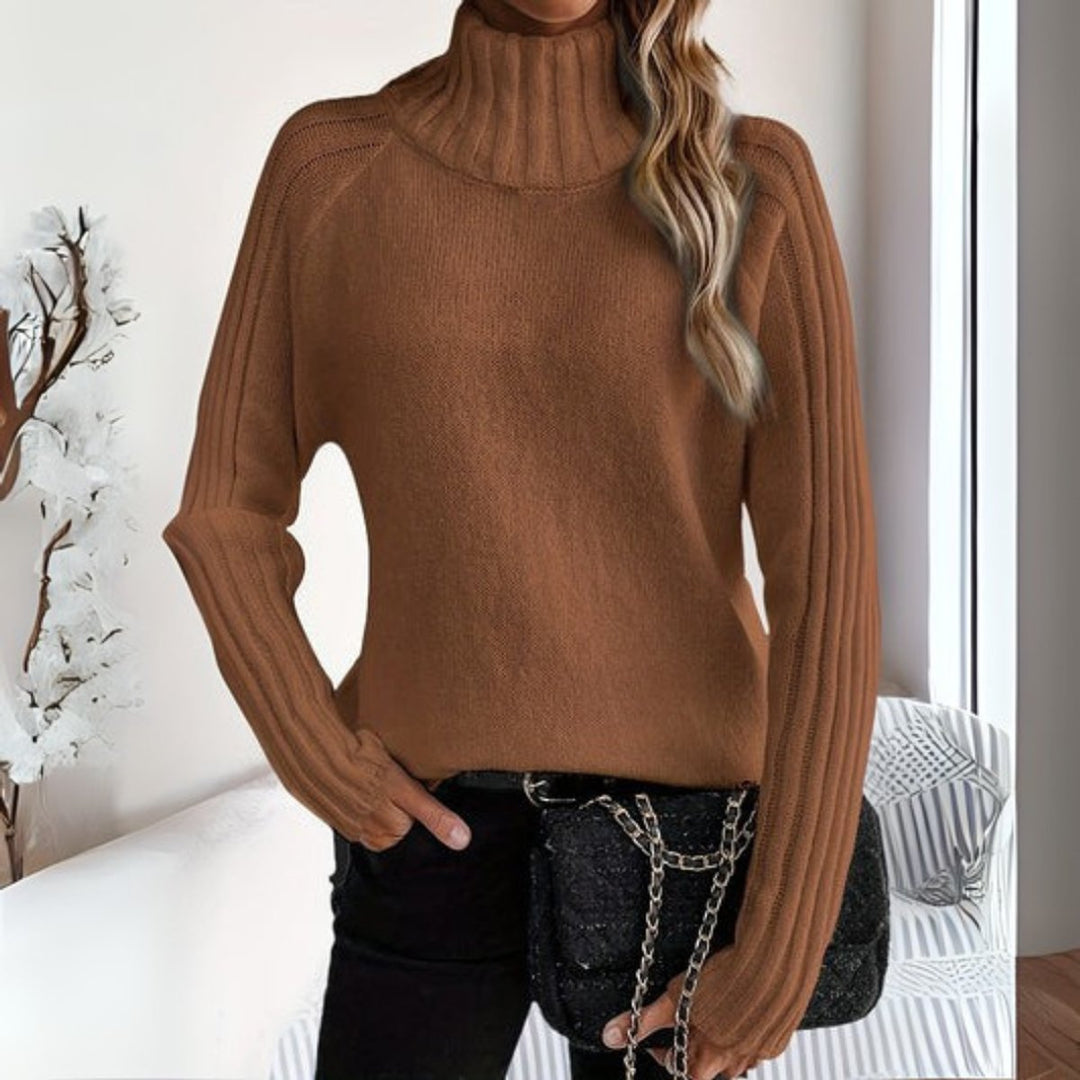 Women's Turtleneck Ribbed Knitted Sweater Relaxed Raglan Jumper