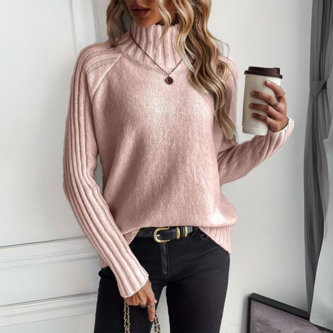 Women's Turtleneck Ribbed Knitted Sweater Relaxed Raglan Jumper