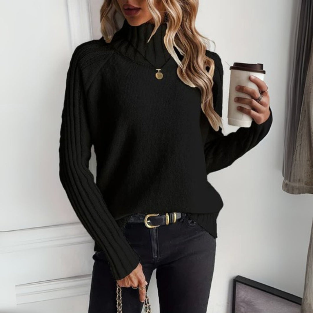 Women's Turtleneck Ribbed Knitted Sweater Relaxed Raglan Jumper