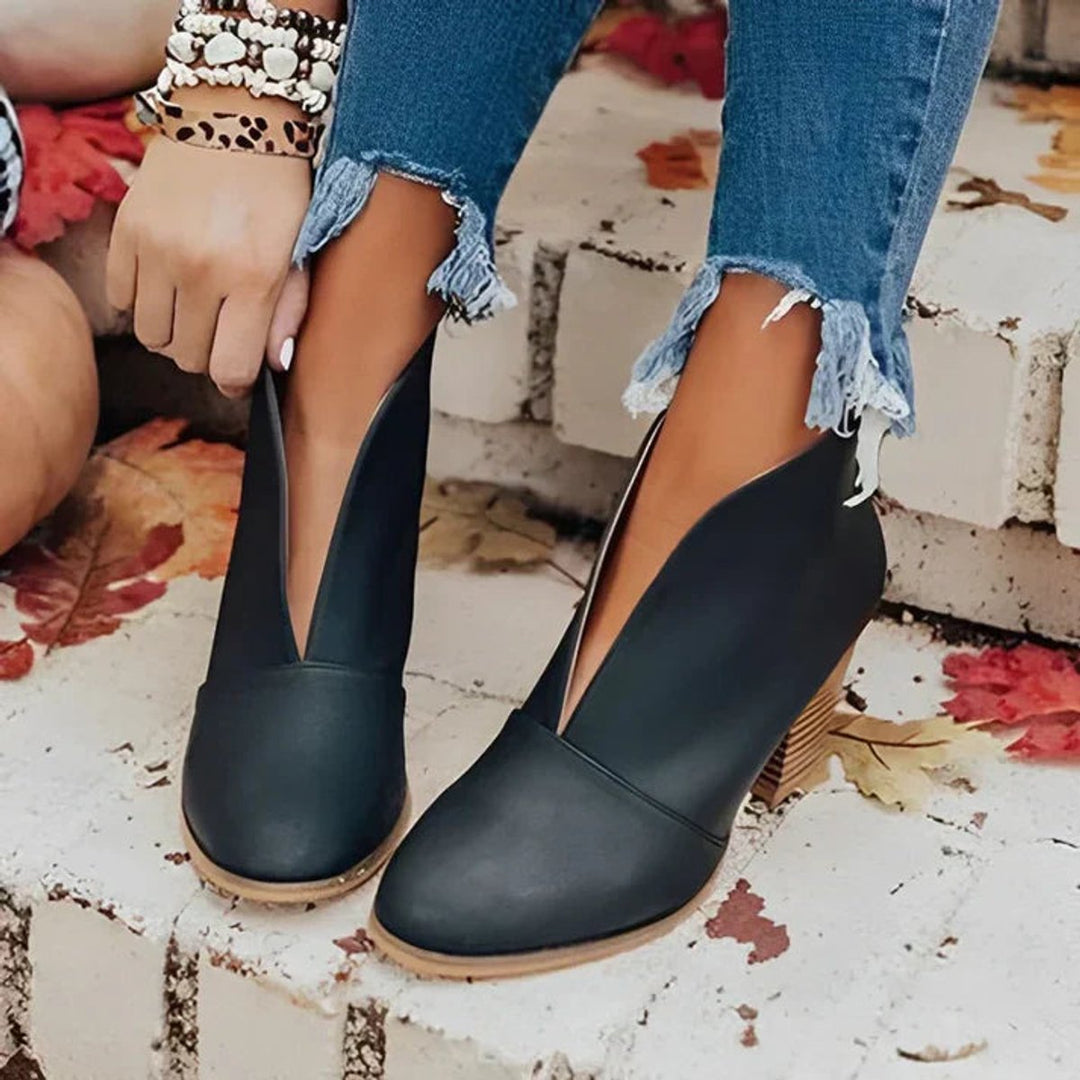 Women's V-Cut Block-Heel Ankle Heeled Boots Slip-On