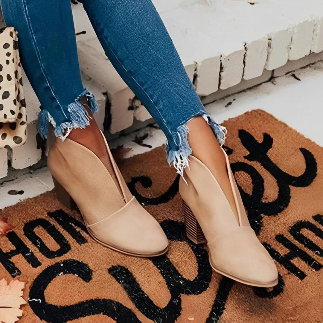 Women's V-Cut Slip-On Block-Heel Ankle Heeled Boots