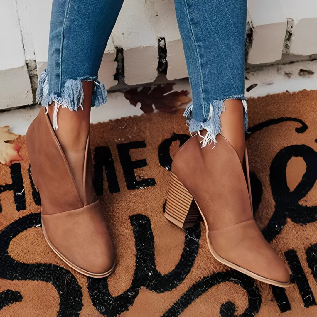 Women's V-Cut Slip-On Block-Heel Ankle Heeled Boots