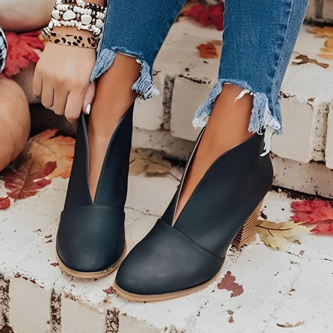 Women's V-Cut Slip-On Block-Heel Ankle Heeled Boots