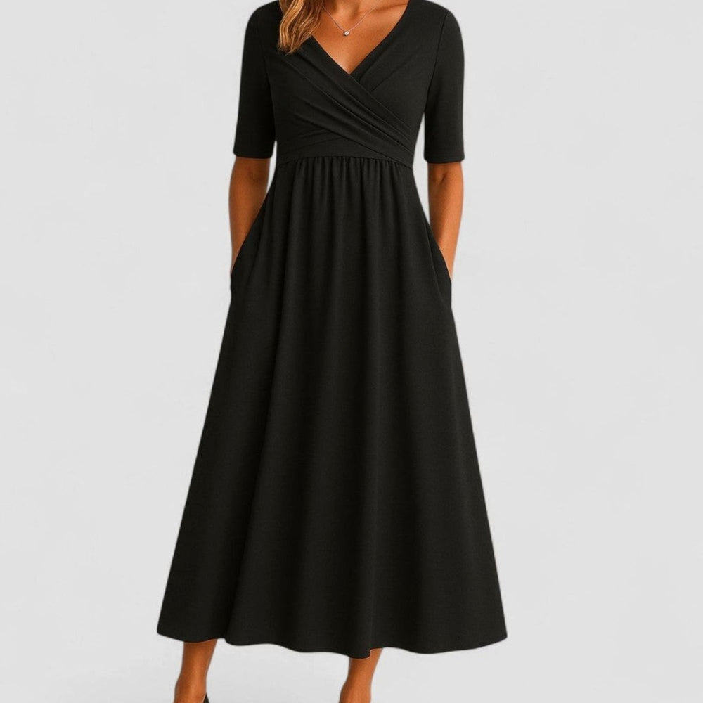 Women's V-Neck Cross-Front High-Waist Midi Dress Pockets - Black