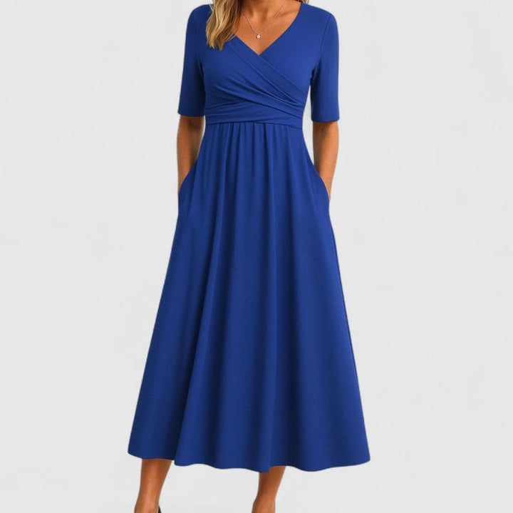 Women's V-Neck Cross-Front High-Waist Midi Dress Pockets - Blue