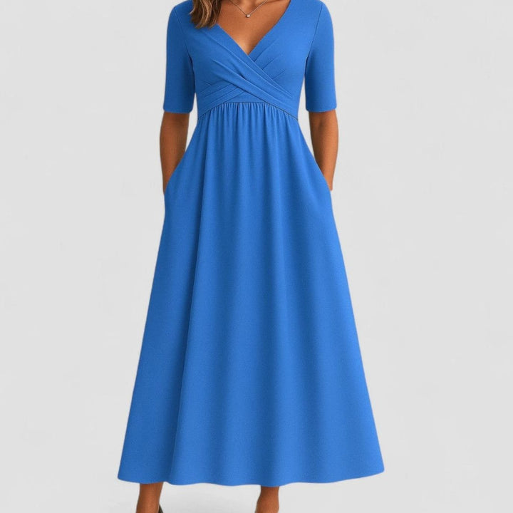 Women's V-Neck Cross-Front High-Waist Midi Dress Pockets - Azure