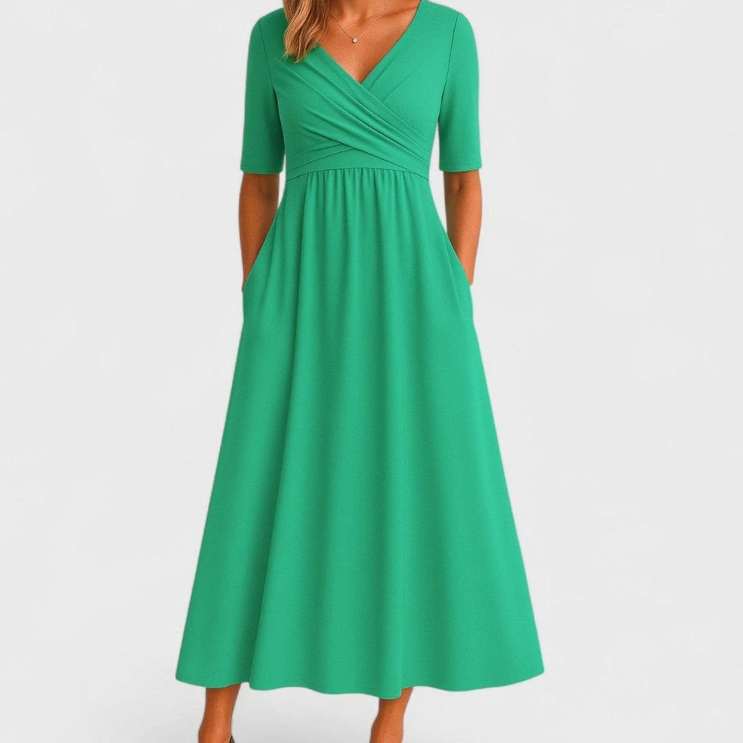 Women's V-Neck Cross-Front High-Waist Midi Dress Pockets - Green