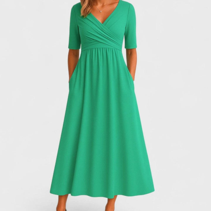 Women's V-Neck Cross-Front High-Waist Midi Dress Pockets - Green