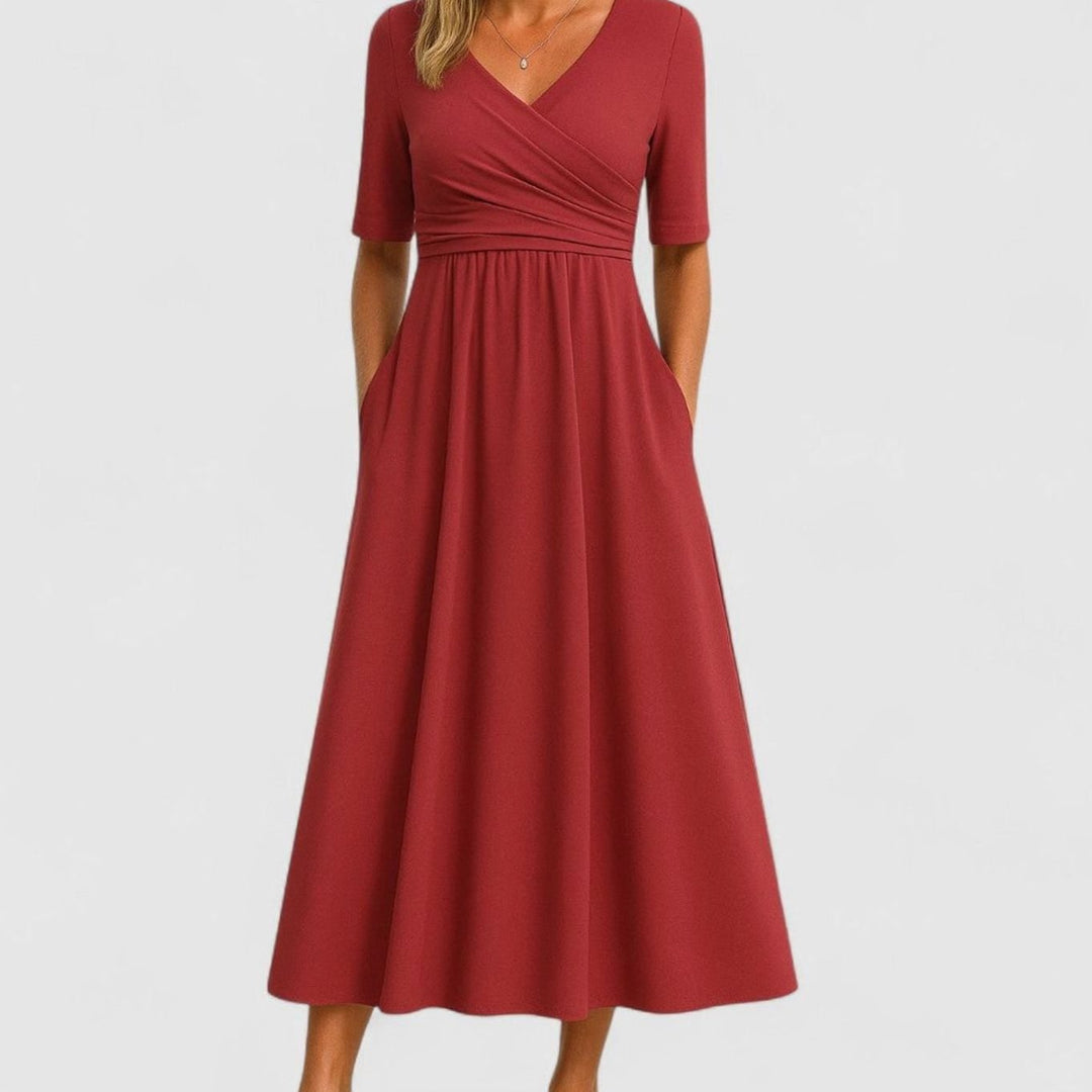 Women's V-Neck Cross-Front High-Waist Midi Dress Pockets - Red