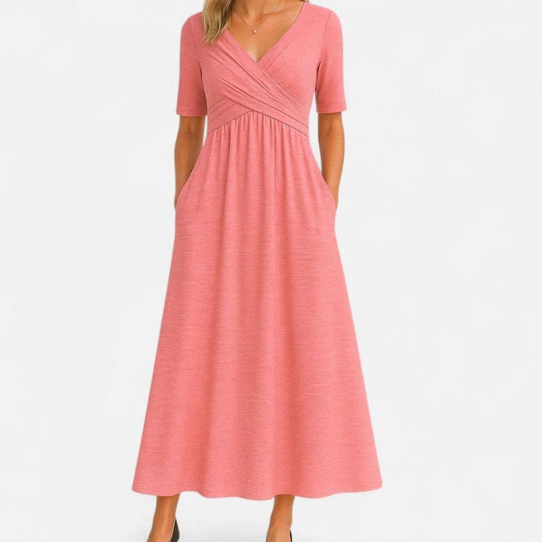 Women's V-Neck Cross-Front High-Waist Midi Dress Pockets - Pink