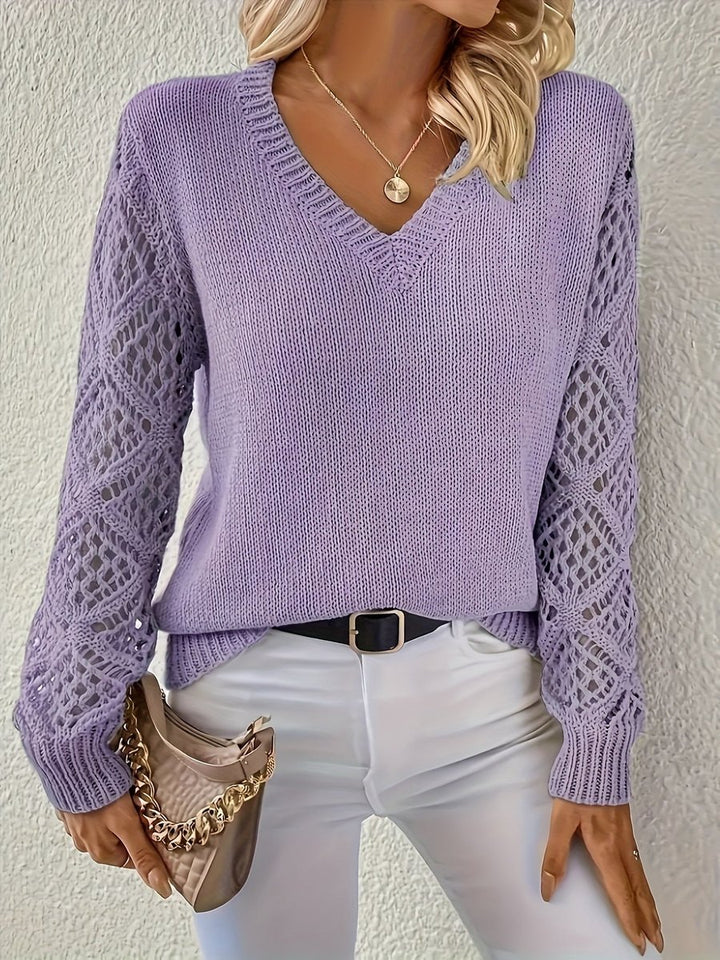 Women's V-Neck Hollow-Out Sleeve Knitted Sweater