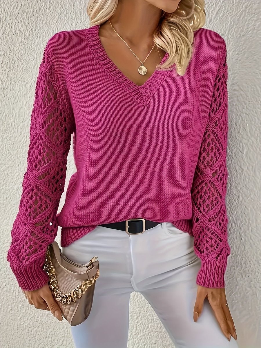 Women's V-Neck Hollow-Out Sleeve Knitted Sweater