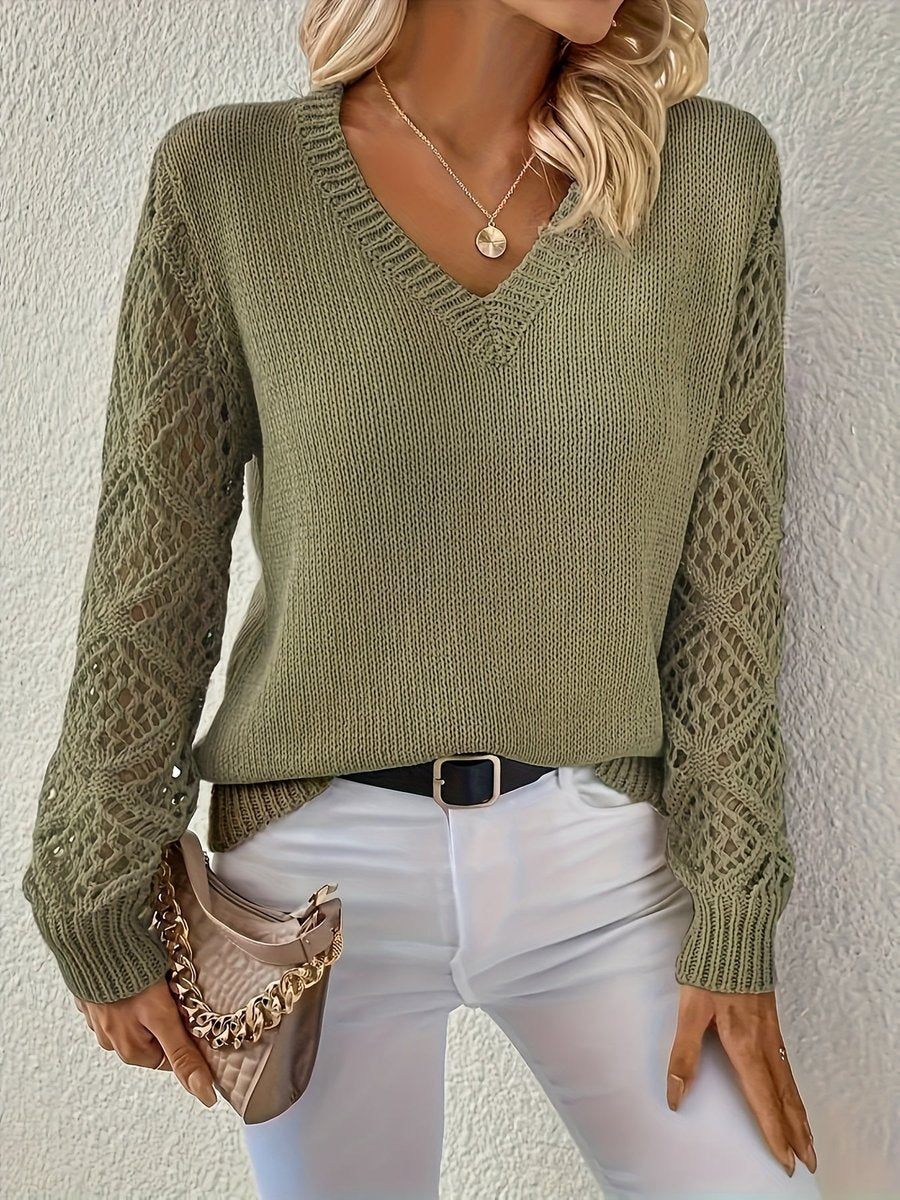 Women's V-Neck Hollow-Out Sleeve Knitted Sweater