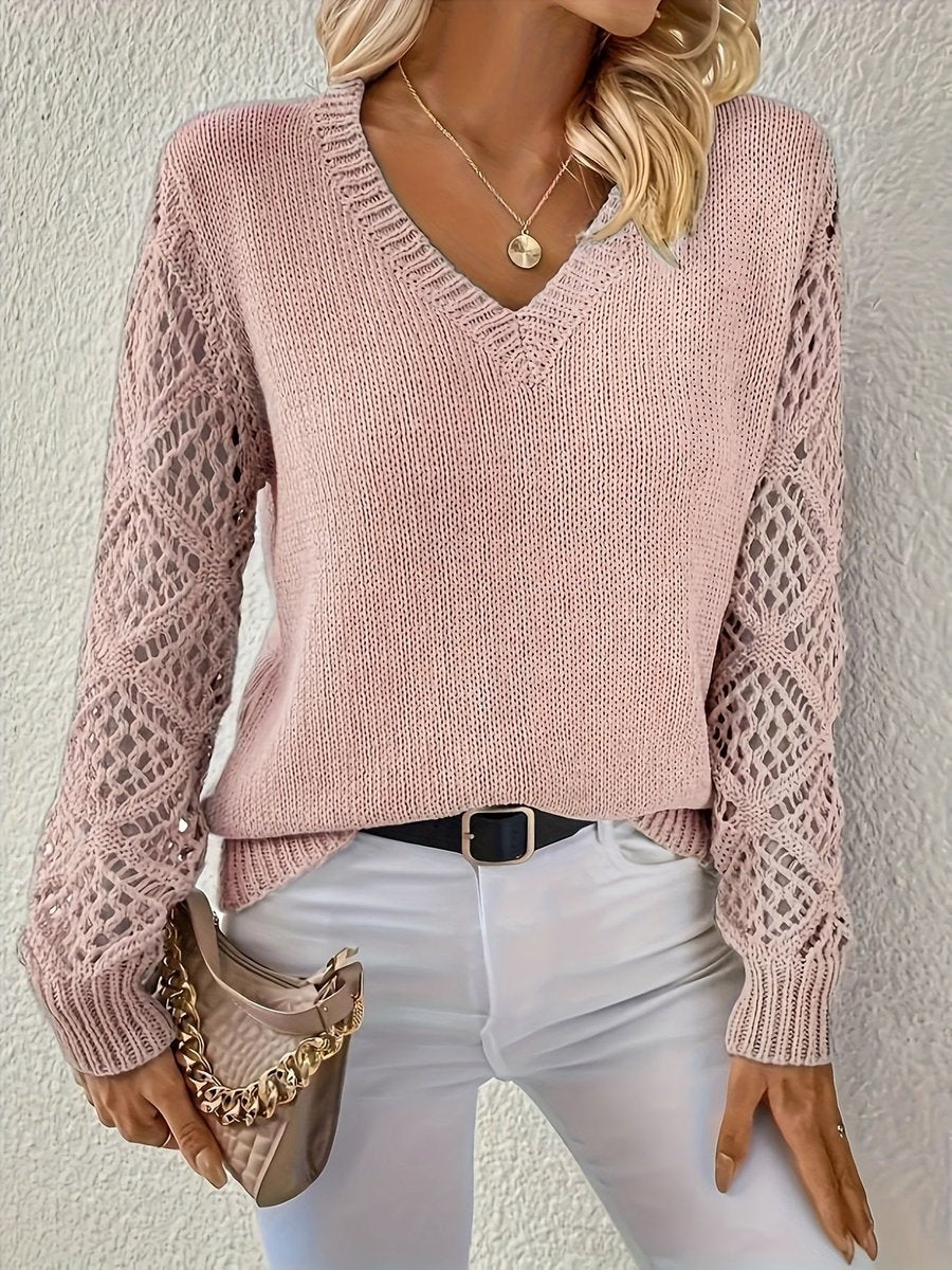 Women's V-Neck Hollow-Out Sleeve Knitted Sweater
