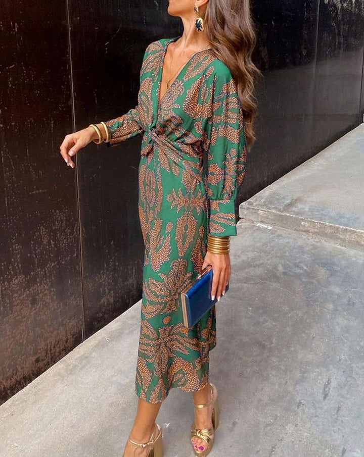 Women's V-Neck Knotted-Front Printed Maxi Dress - Green
