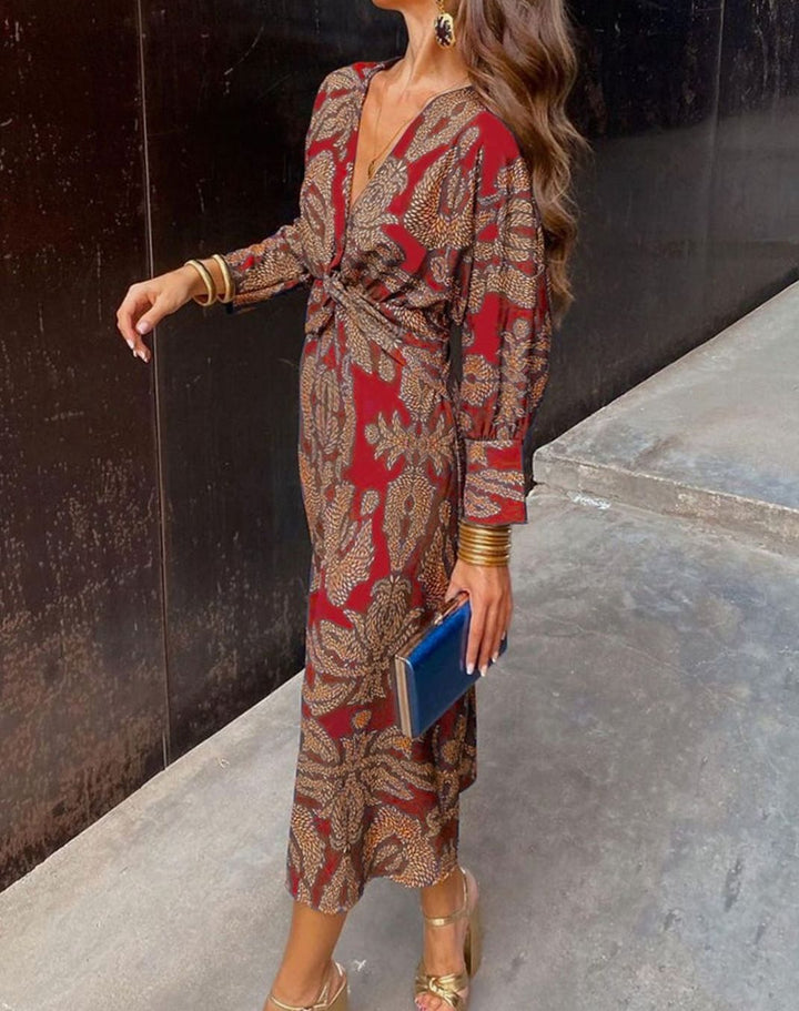 Women's V-Neck Knotted-Front Printed Maxi Dress - Red