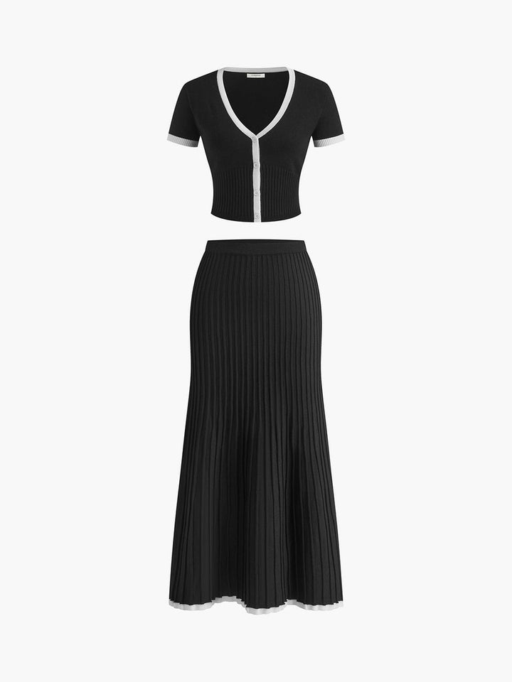 Women's V-Neck Ribbed Knitted Dress Co-ord Crop Top Midi Skirt Set