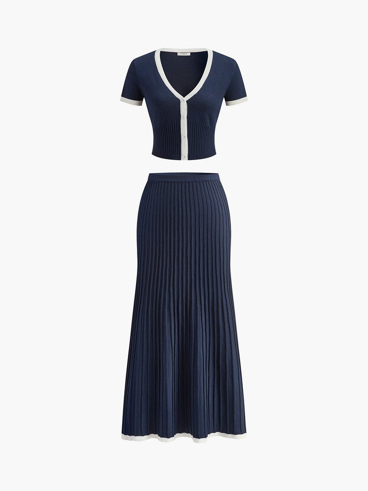 Women's V-Neck Ribbed Knitted Dress Co-ord Crop Top Midi Skirt Set