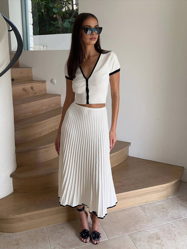 Women's V-Neck Ribbed Knitted Dress Co-ord Crop Top Midi Skirt Set