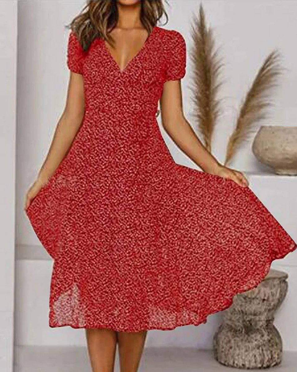 Women's V-Neck Short-Sleeve Floral Chiffon Cocktail Party Dress