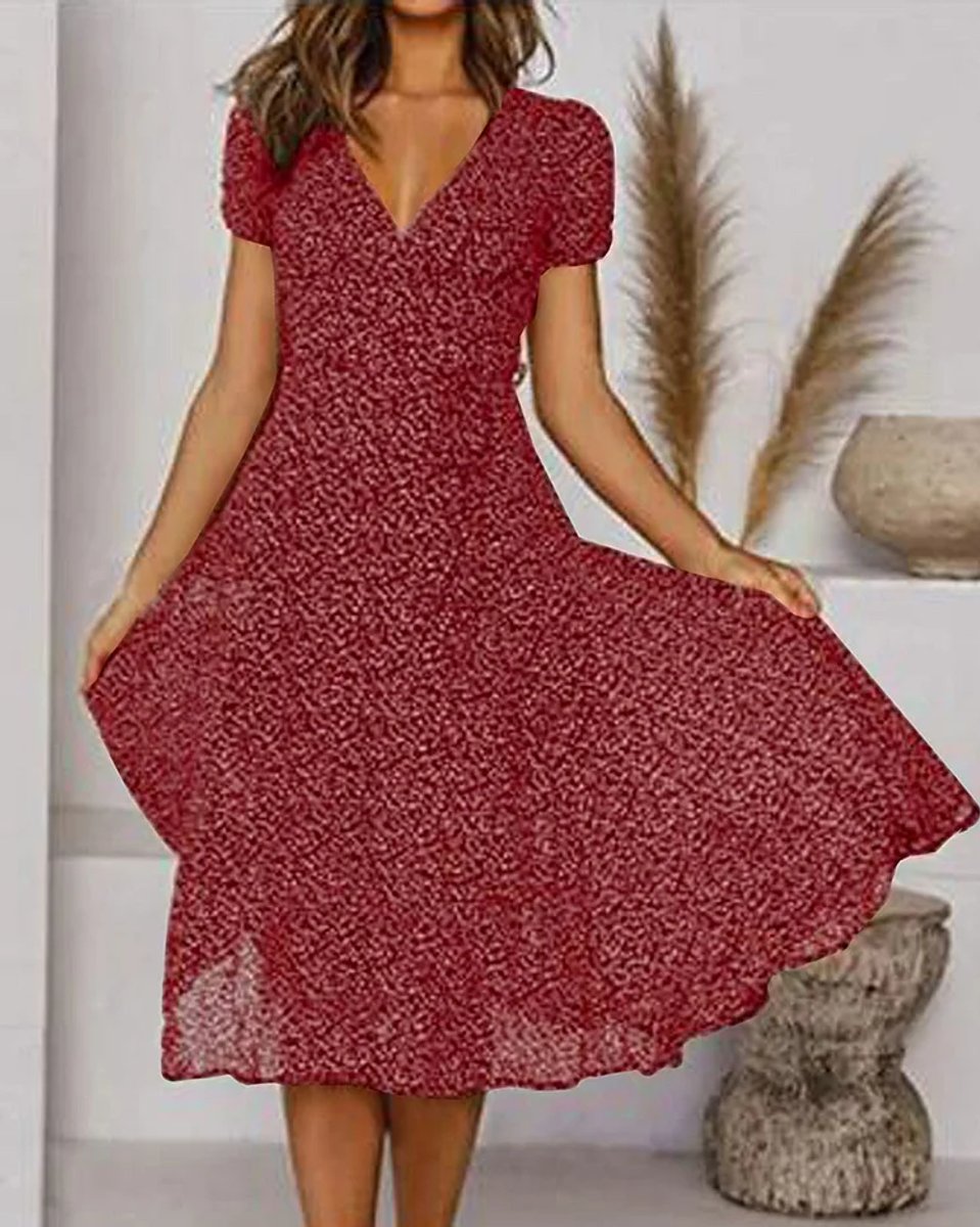 Women's V-Neck Short-Sleeve Floral Chiffon Cocktail Party Dress