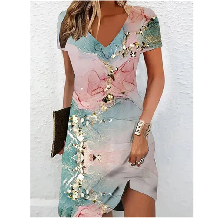 Women's V-Neck Short Sleeve Marble Print Cocktail Party Dress