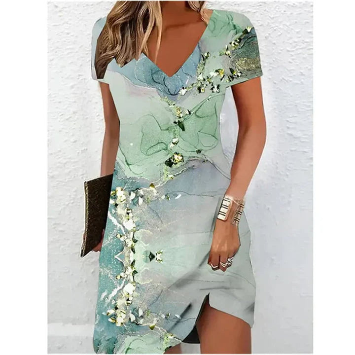 Women's V-Neck Short Sleeve Marble Print Cocktail Party Dress