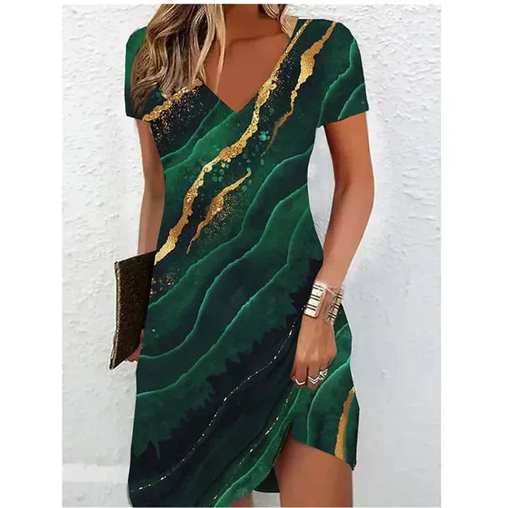Women's V-Neck Short Sleeve Marble Print Cocktail Party Dress