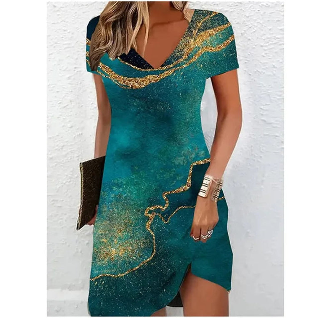 Women's V-Neck Short Sleeve Marble Print Cocktail Party Dress